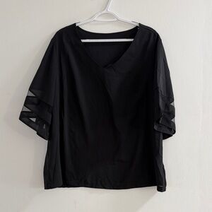 Chic Black V-Neck Blouse with Sheer Sleeves